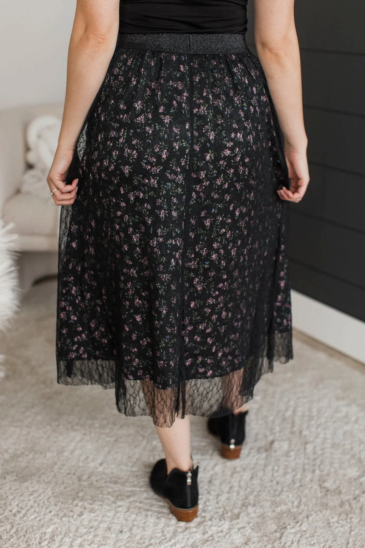 Fulfill Your Life Floral & Lace Midi Skirt- Black