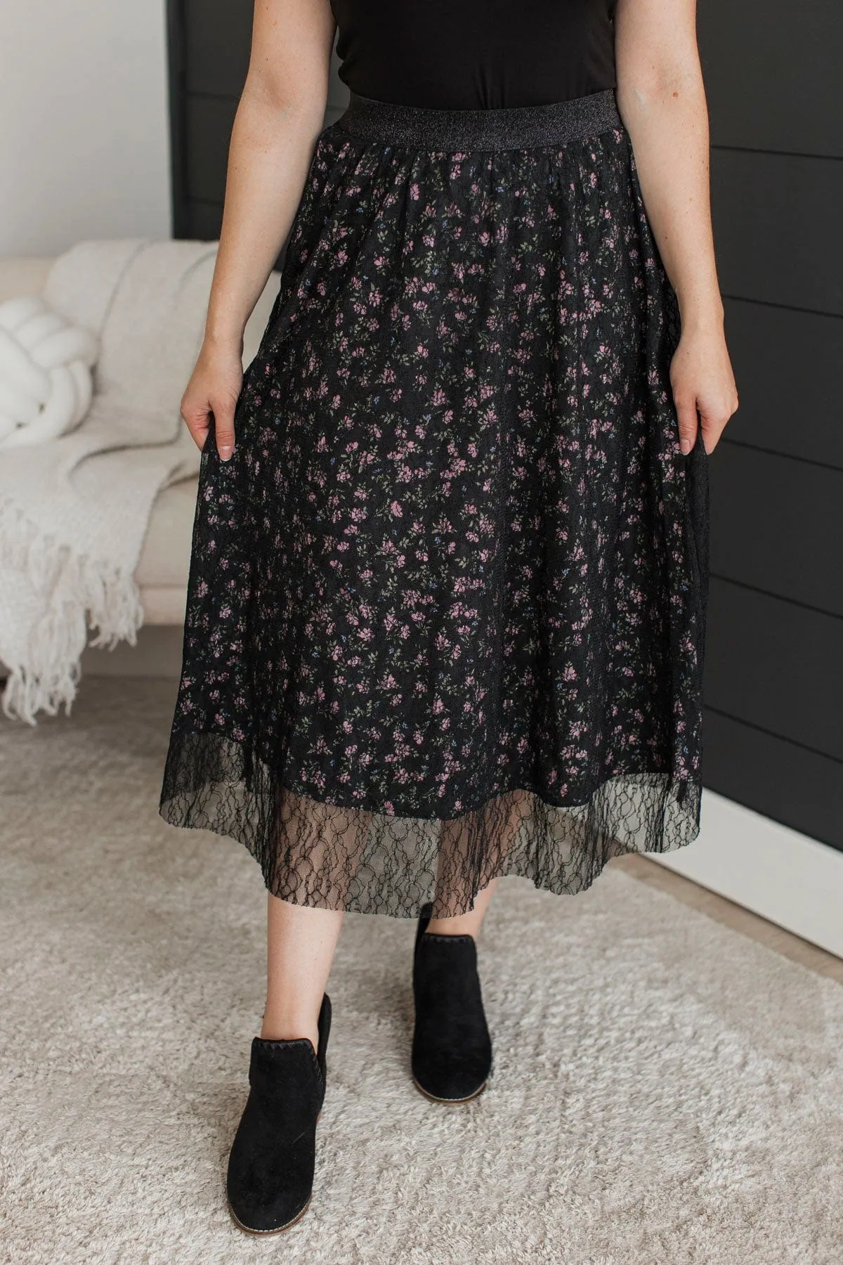 Fulfill Your Life Floral & Lace Midi Skirt- Black