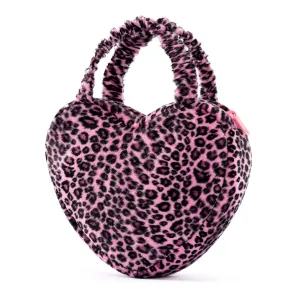 Gloveleya 6-inch Fashion Baby Girls Leopard Handbag Plush Shock Textile Purse Girls Purse Heart Shaped Dark Rose