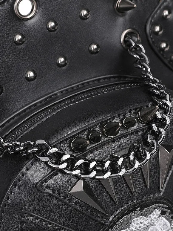 Gothic Lolita Bag Black PU Leather Metal Details Skeleton Pattern Gothic Lolita Backpack