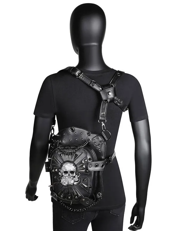 Gothic Lolita Bag Black PU Leather Metal Details Skeleton Pattern Gothic Lolita Backpack