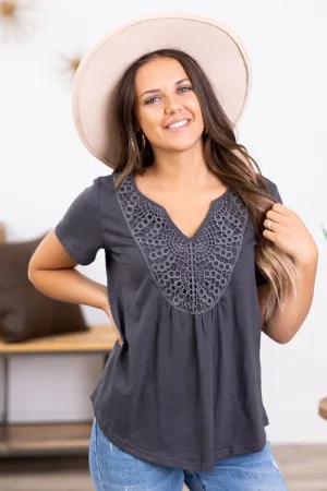 Graphite Crochet Bodice Short Sleeve Top
