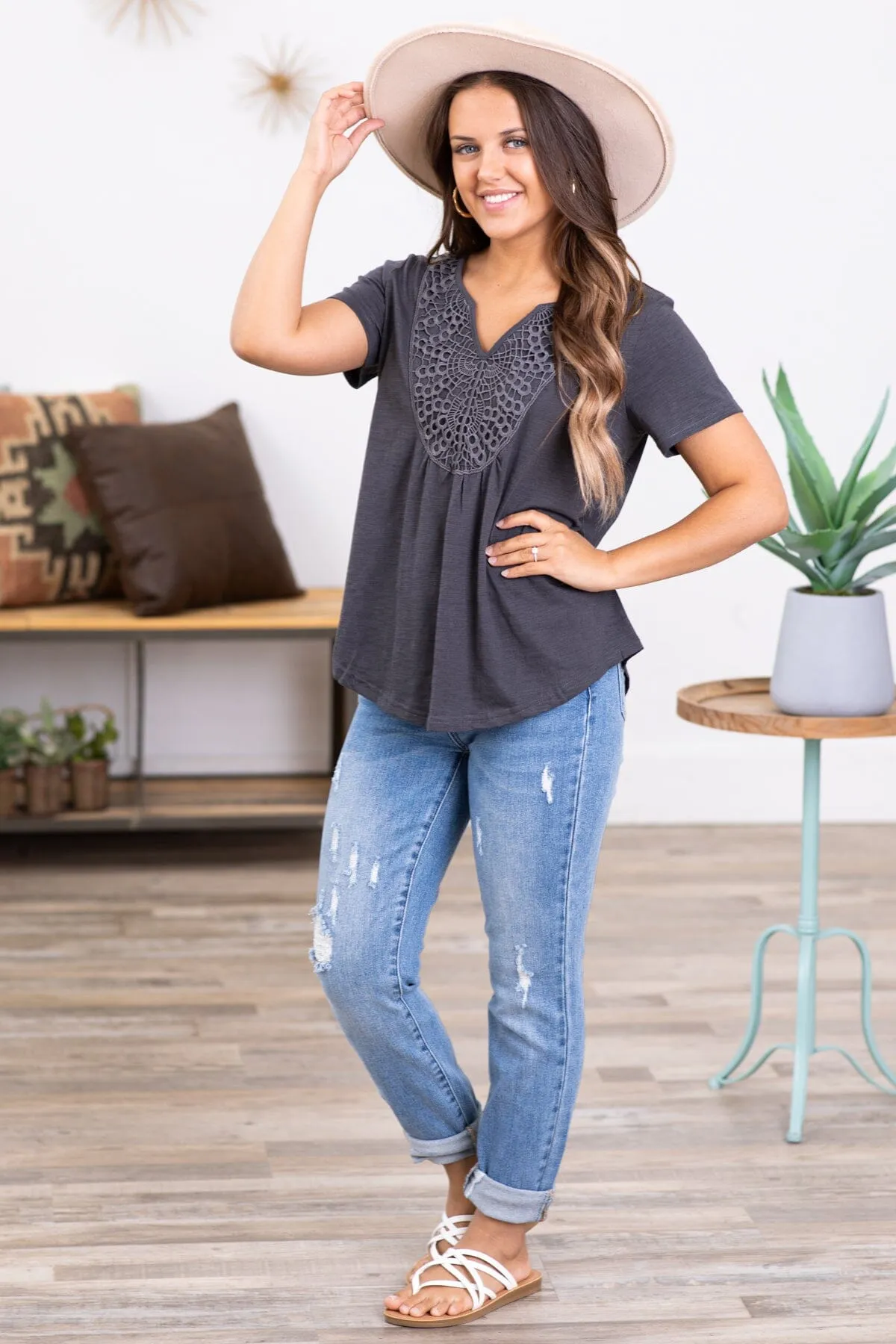 Graphite Crochet Bodice Short Sleeve Top