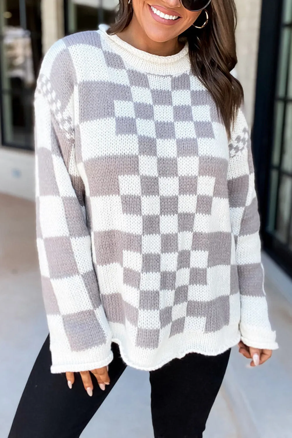 Gray Mixed Checker Knit Vintage Baggy Sweater