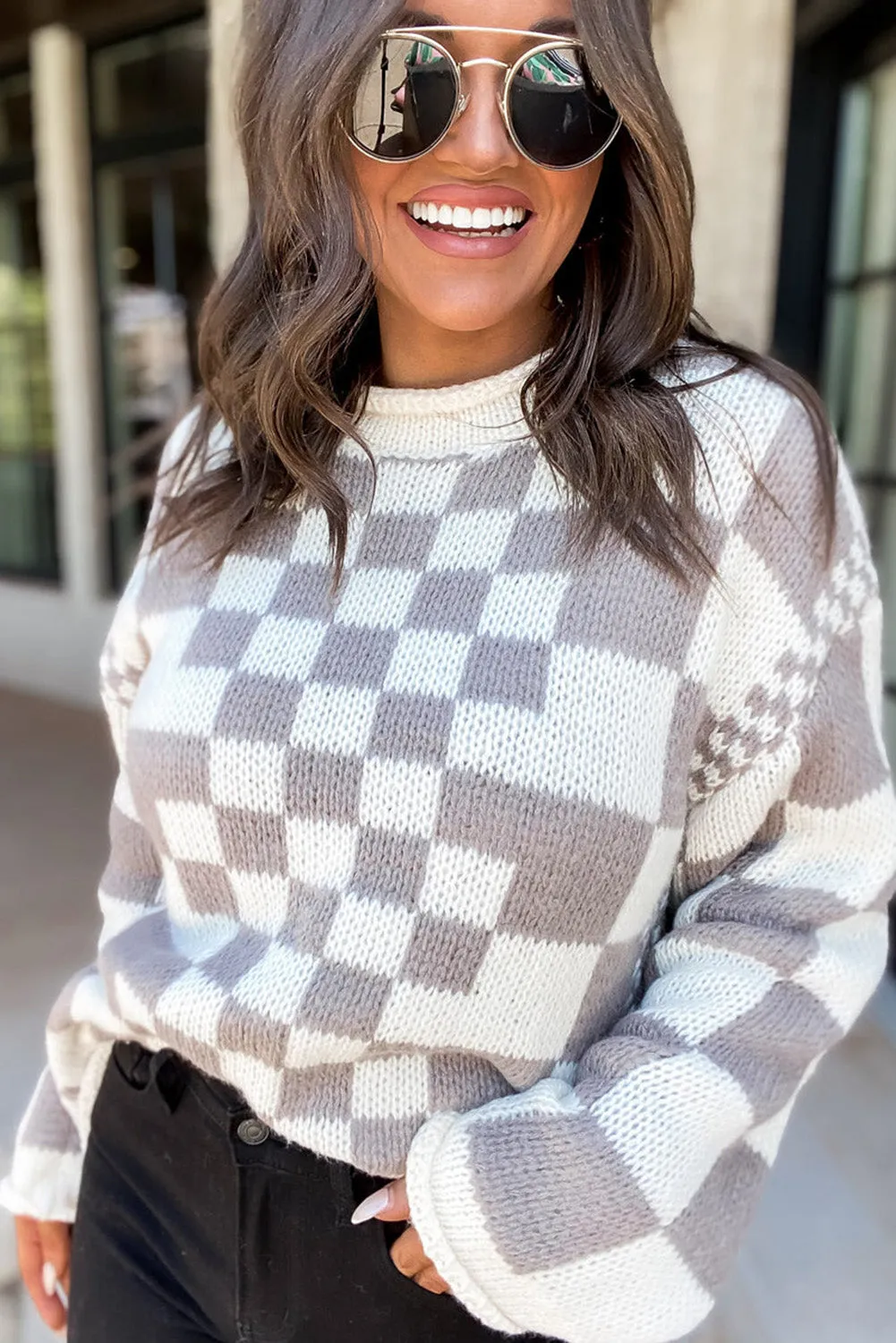 Gray Mixed Checker Knit Vintage Baggy Sweater