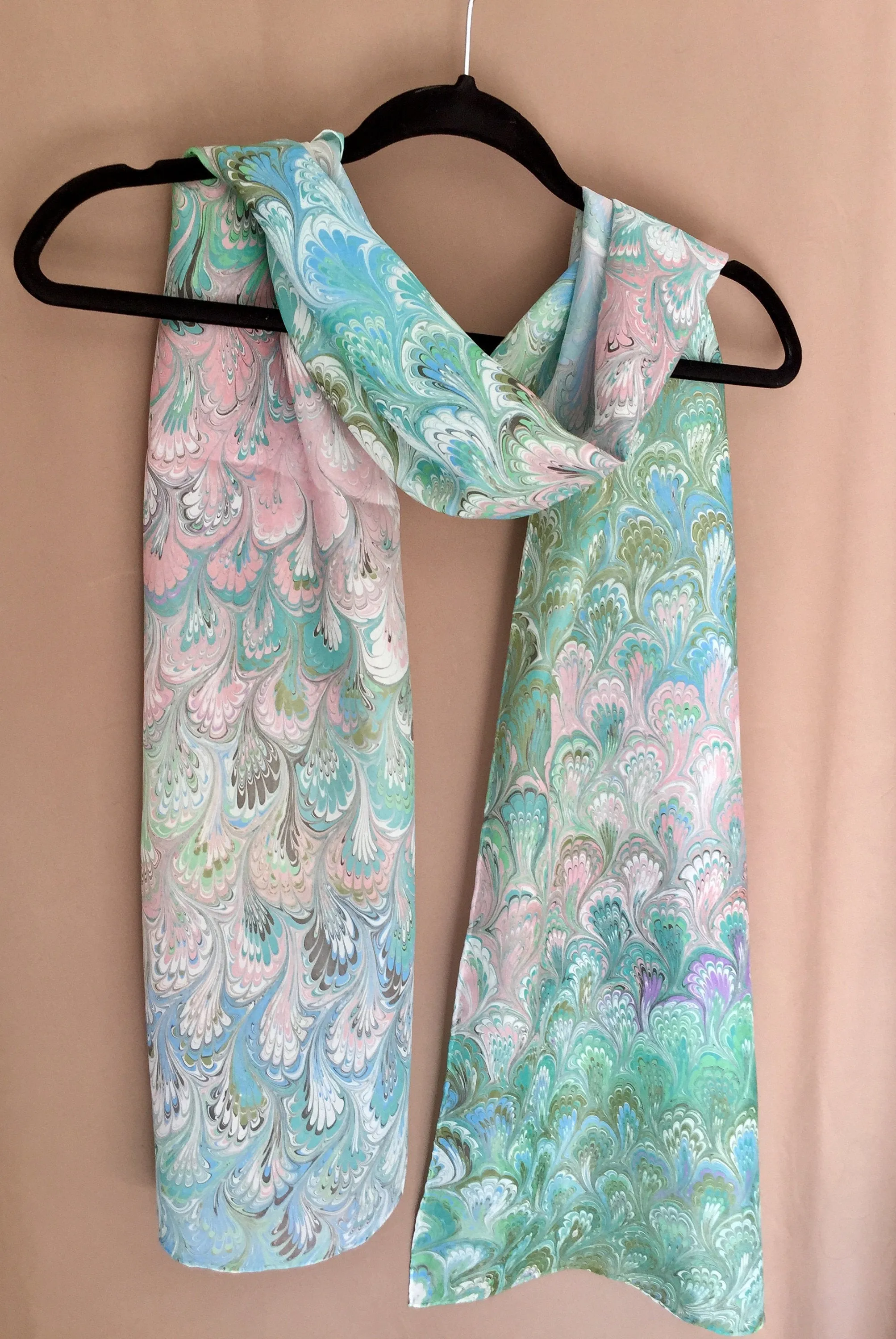 Green Pink bouquet  one of a kind water marbled 8mm Habotai silk.  Hang on the wall, use as a table runner or wear this unique piece