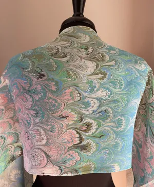 Green Pink bouquet  one of a kind water marbled 8mm Habotai silk.  Hang on the wall, use as a table runner or wear this unique piece