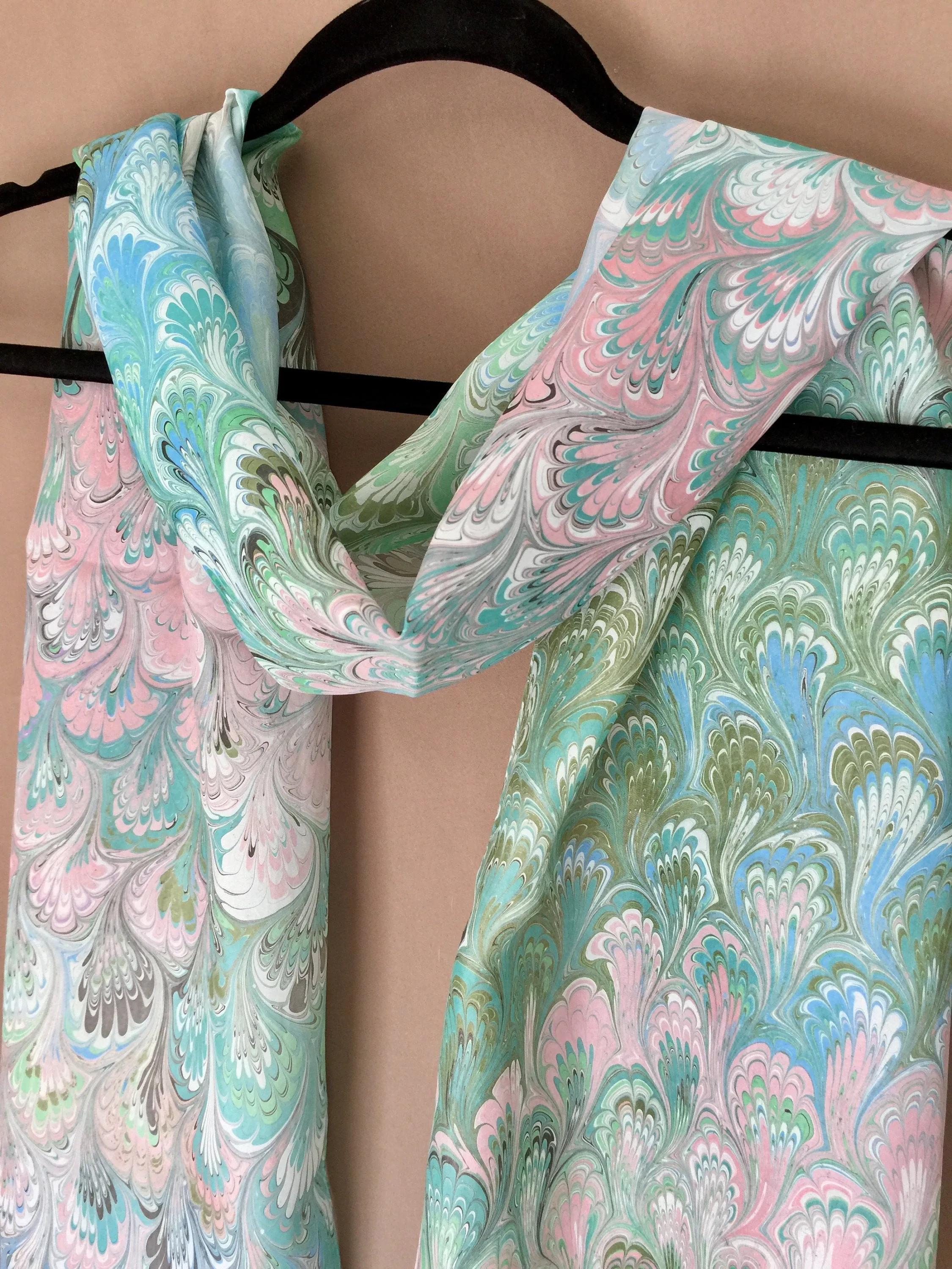 Green Pink bouquet  one of a kind water marbled 8mm Habotai silk.  Hang on the wall, use as a table runner or wear this unique piece