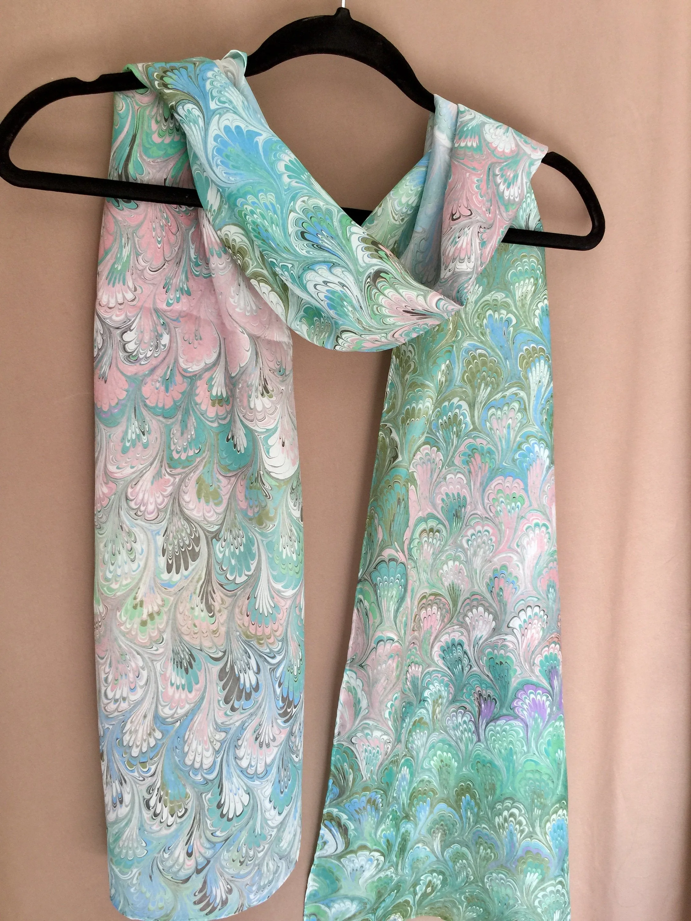 Green Pink bouquet  one of a kind water marbled 8mm Habotai silk.  Hang on the wall, use as a table runner or wear this unique piece