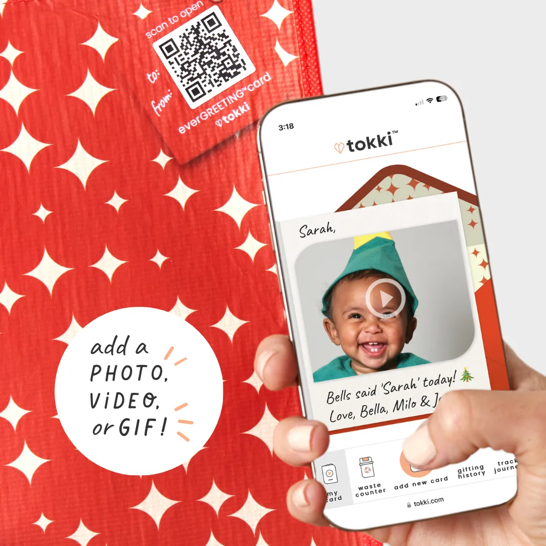 Green Polka Dot Santa | Large | Reusable Gift Bag   QR Greeting Card