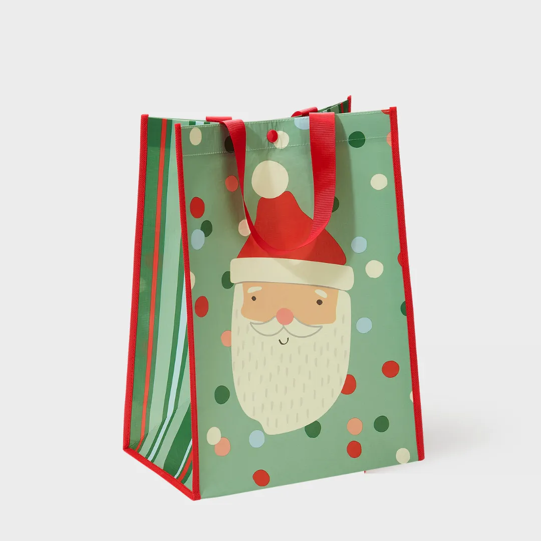 Green Polka Dot Santa | Large | Reusable Gift Bag   QR Greeting Card
