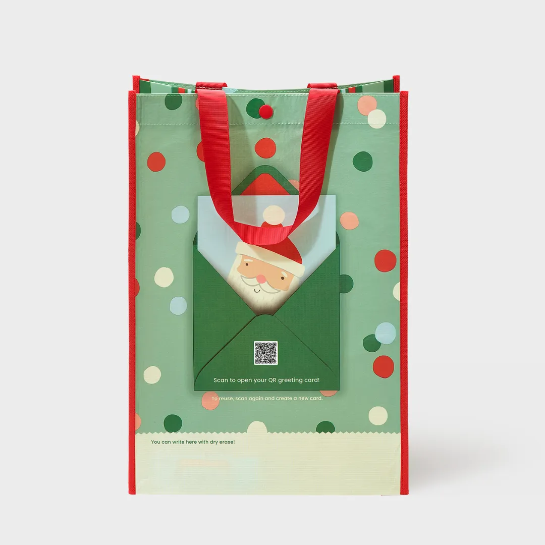Green Polka Dot Santa | Large | Reusable Gift Bag   QR Greeting Card