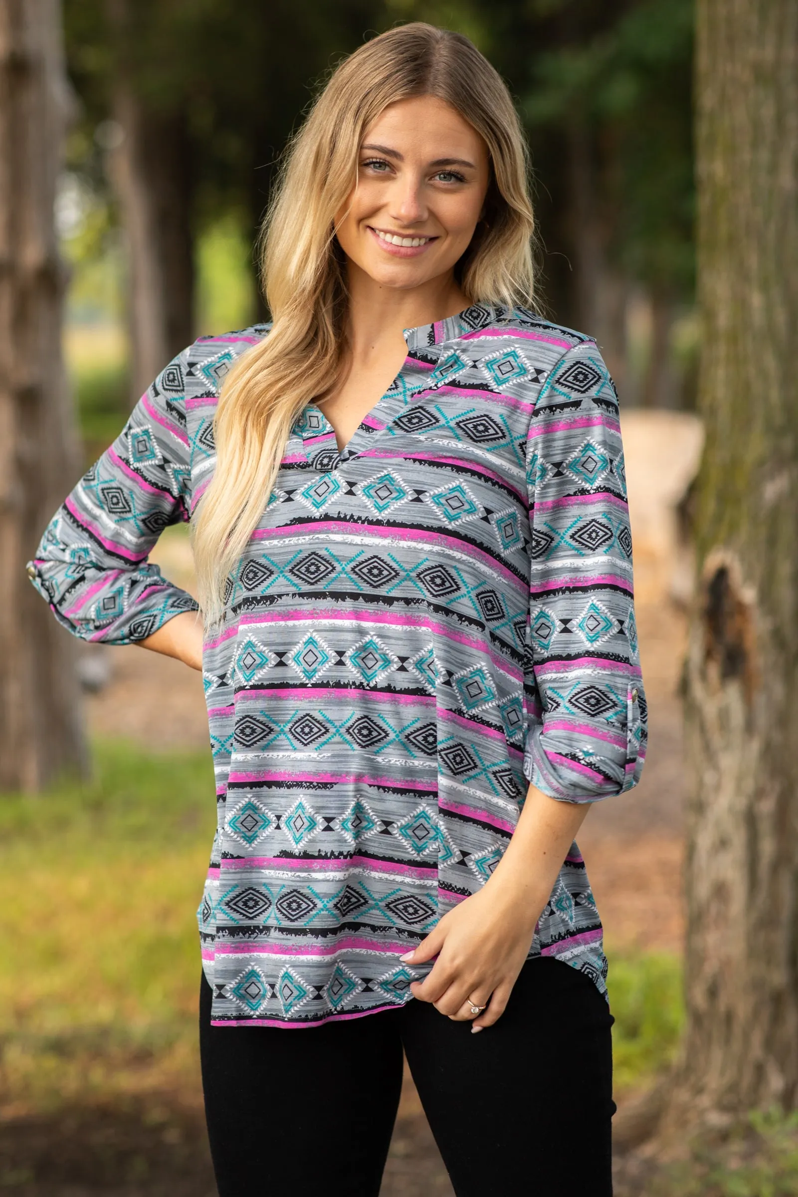 Grey And Magenta Print Wrinkle Free Lizzy Top