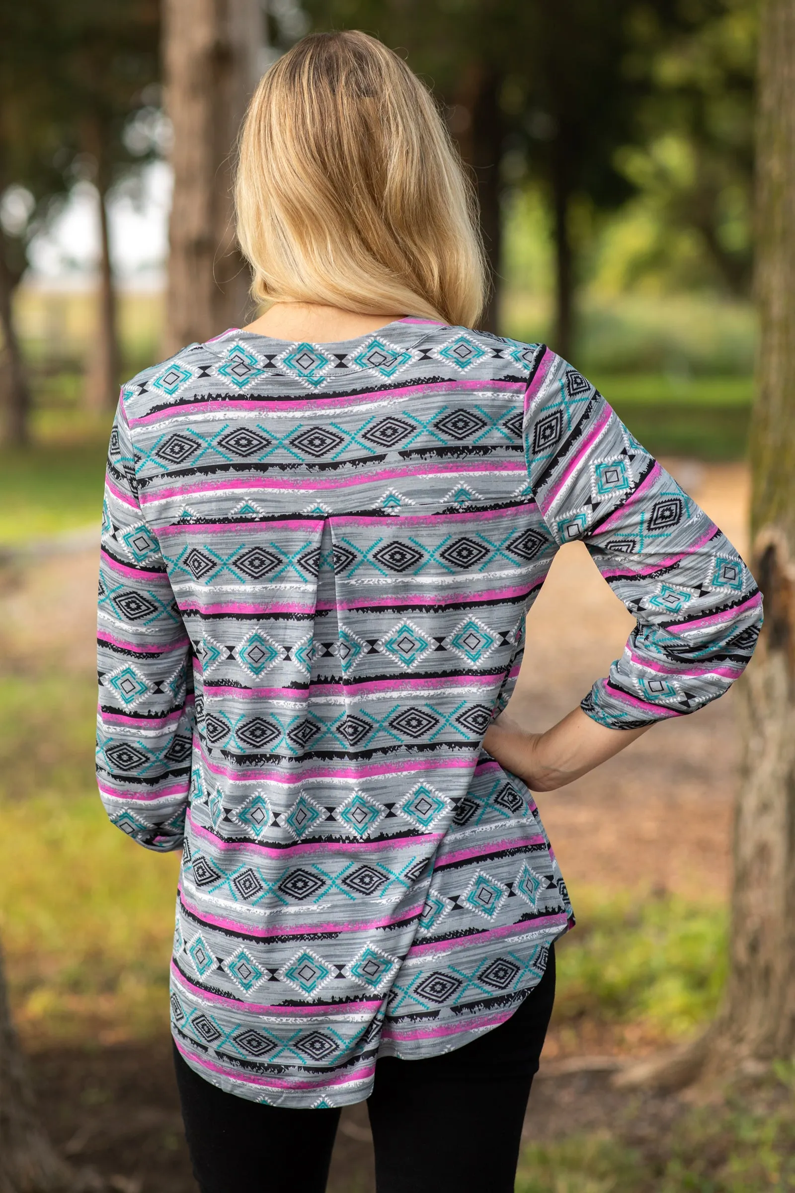 Grey And Magenta Print Wrinkle Free Lizzy Top