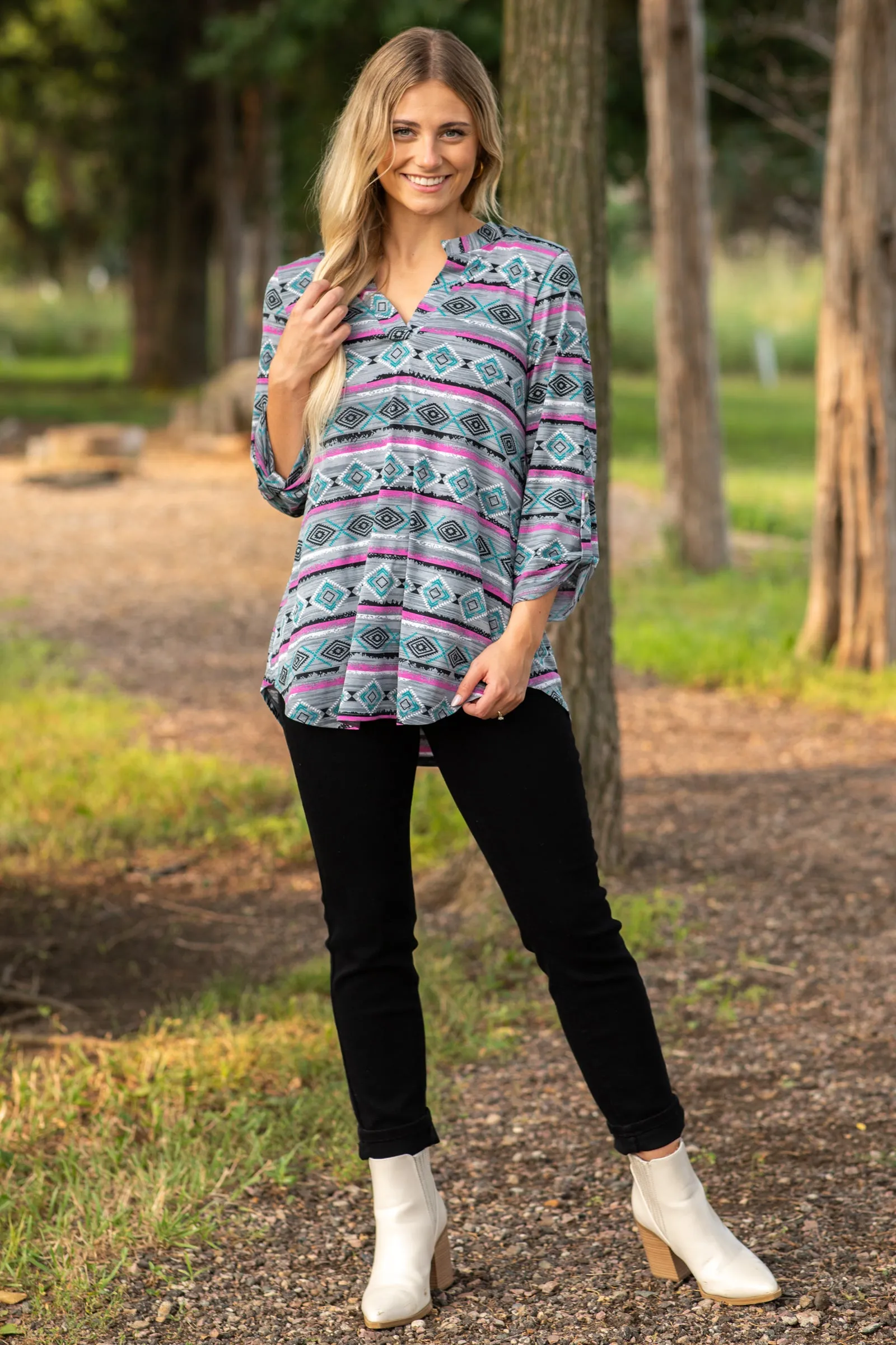 Grey And Magenta Print Wrinkle Free Lizzy Top