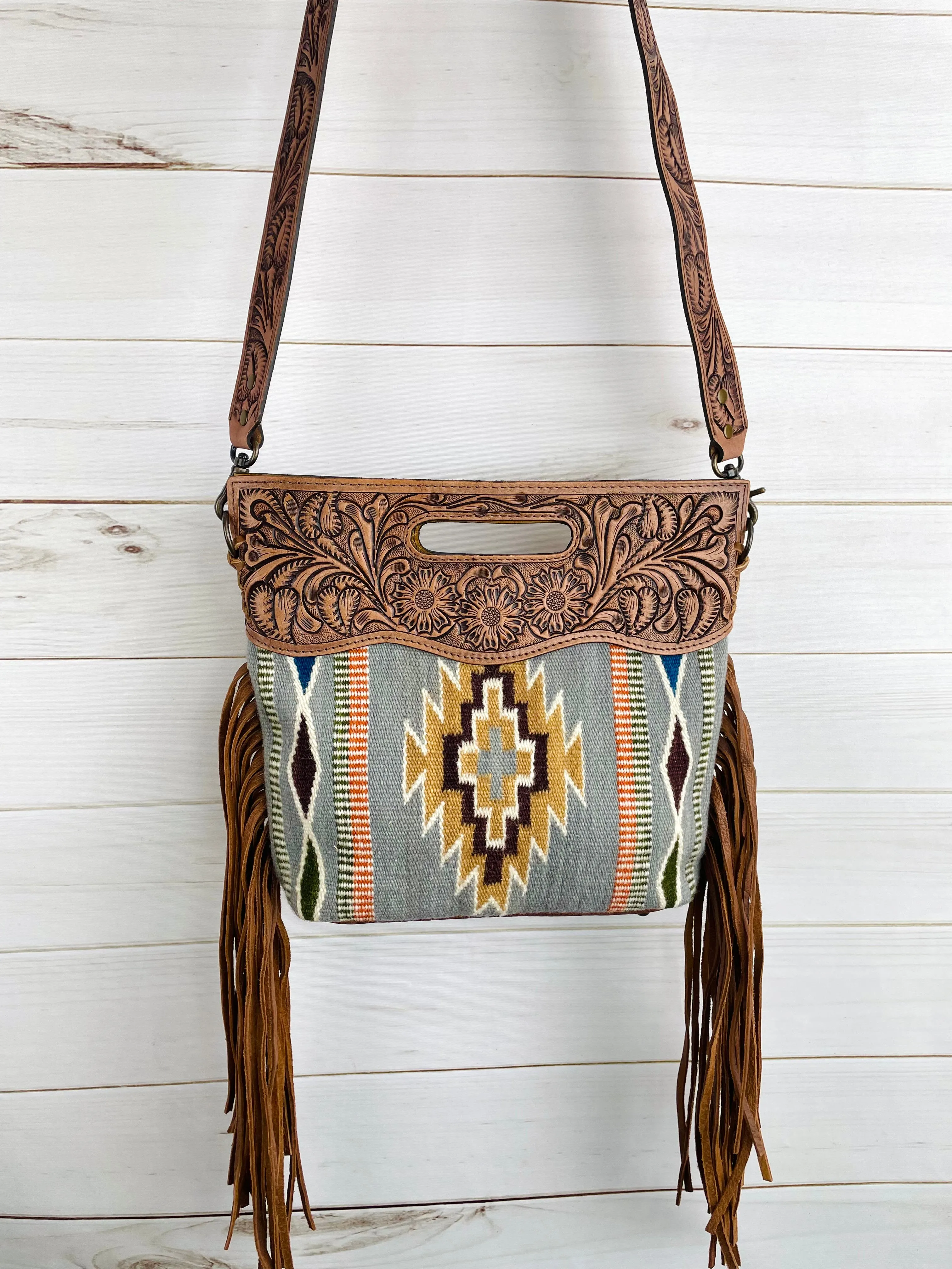Grey and Tan Wool Leather Handle Fringe Bag