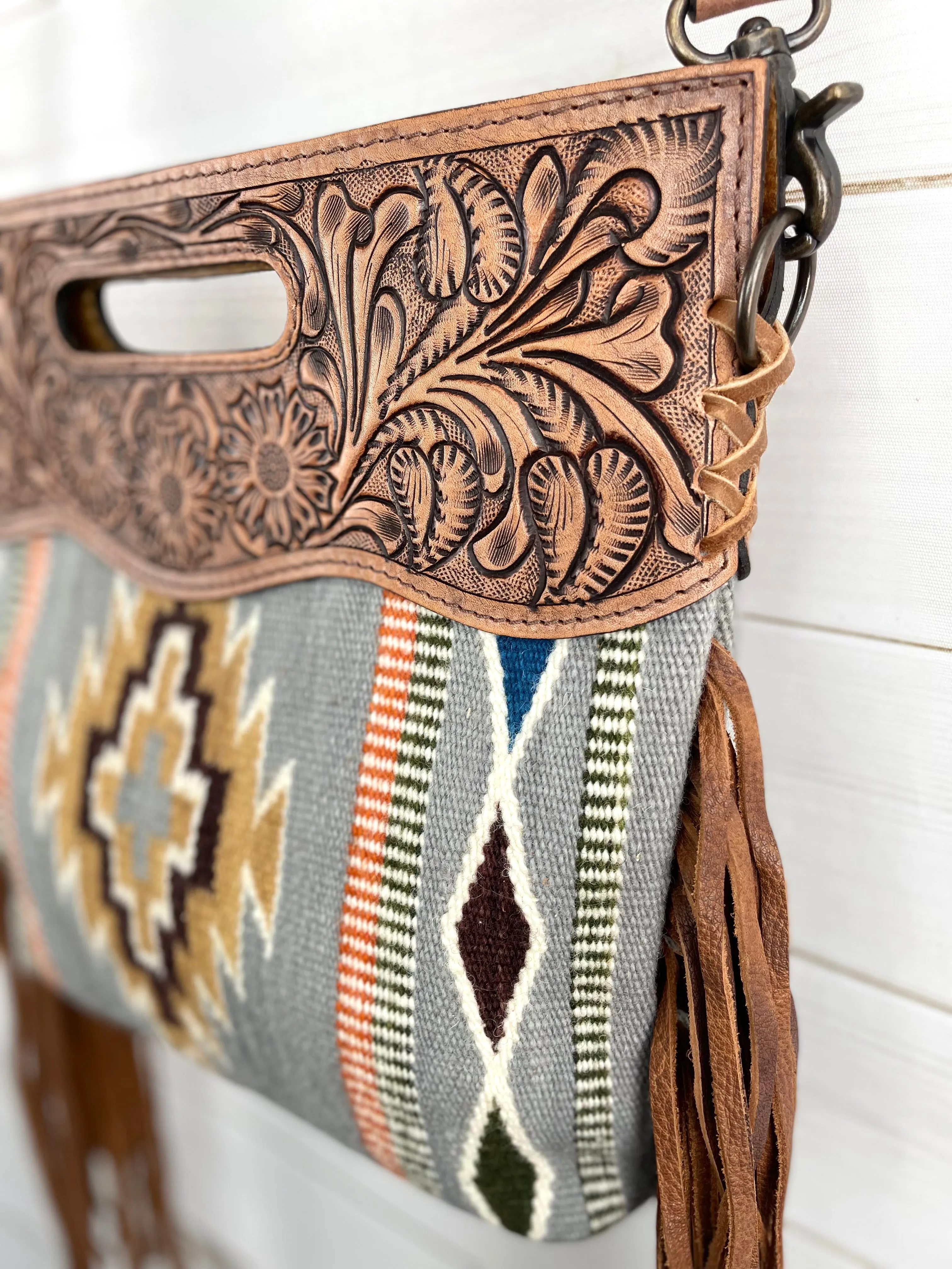 Grey and Tan Wool Leather Handle Fringe Bag