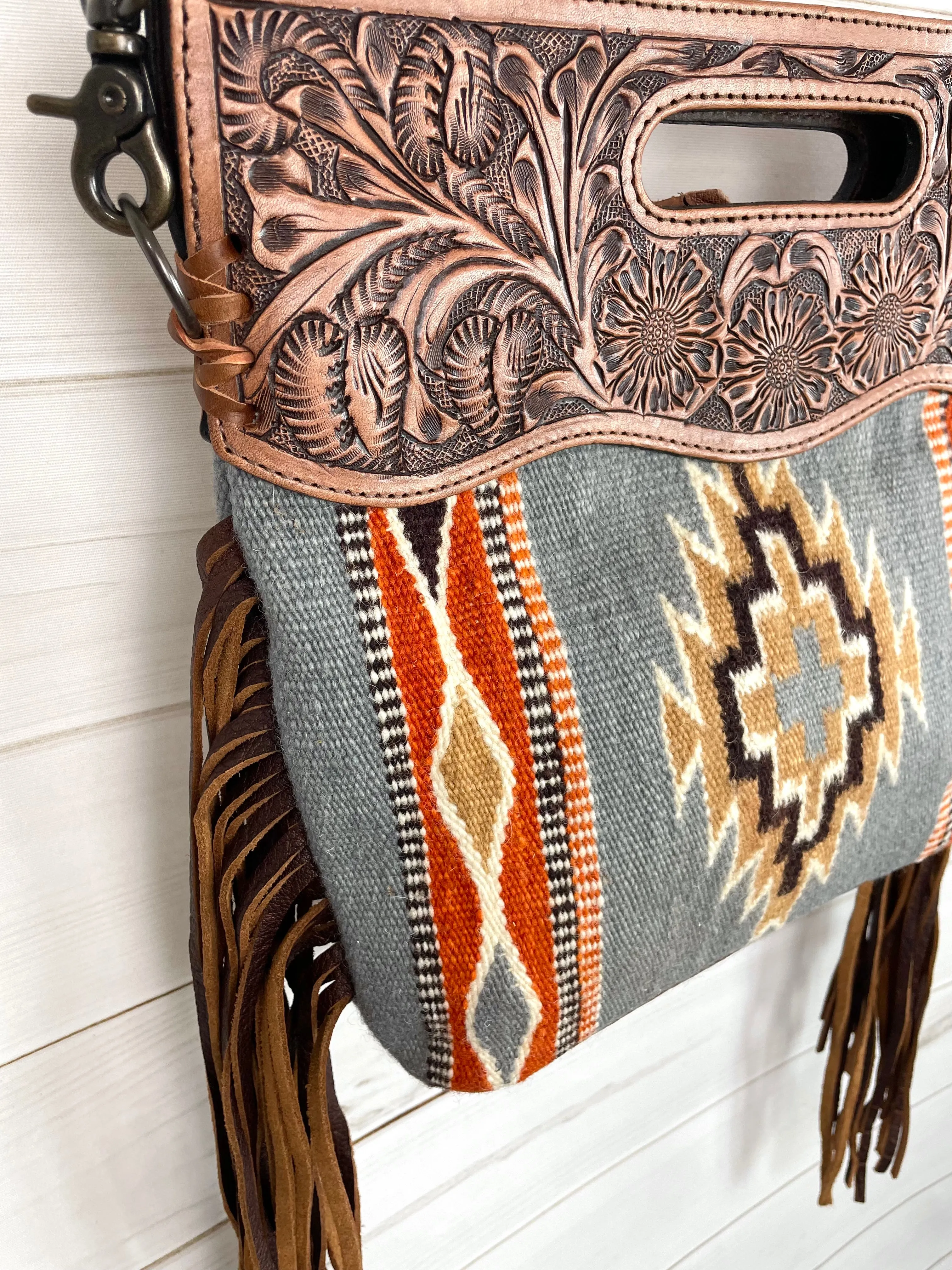 Grey and Tan Wool Leather Handle Fringe Bag