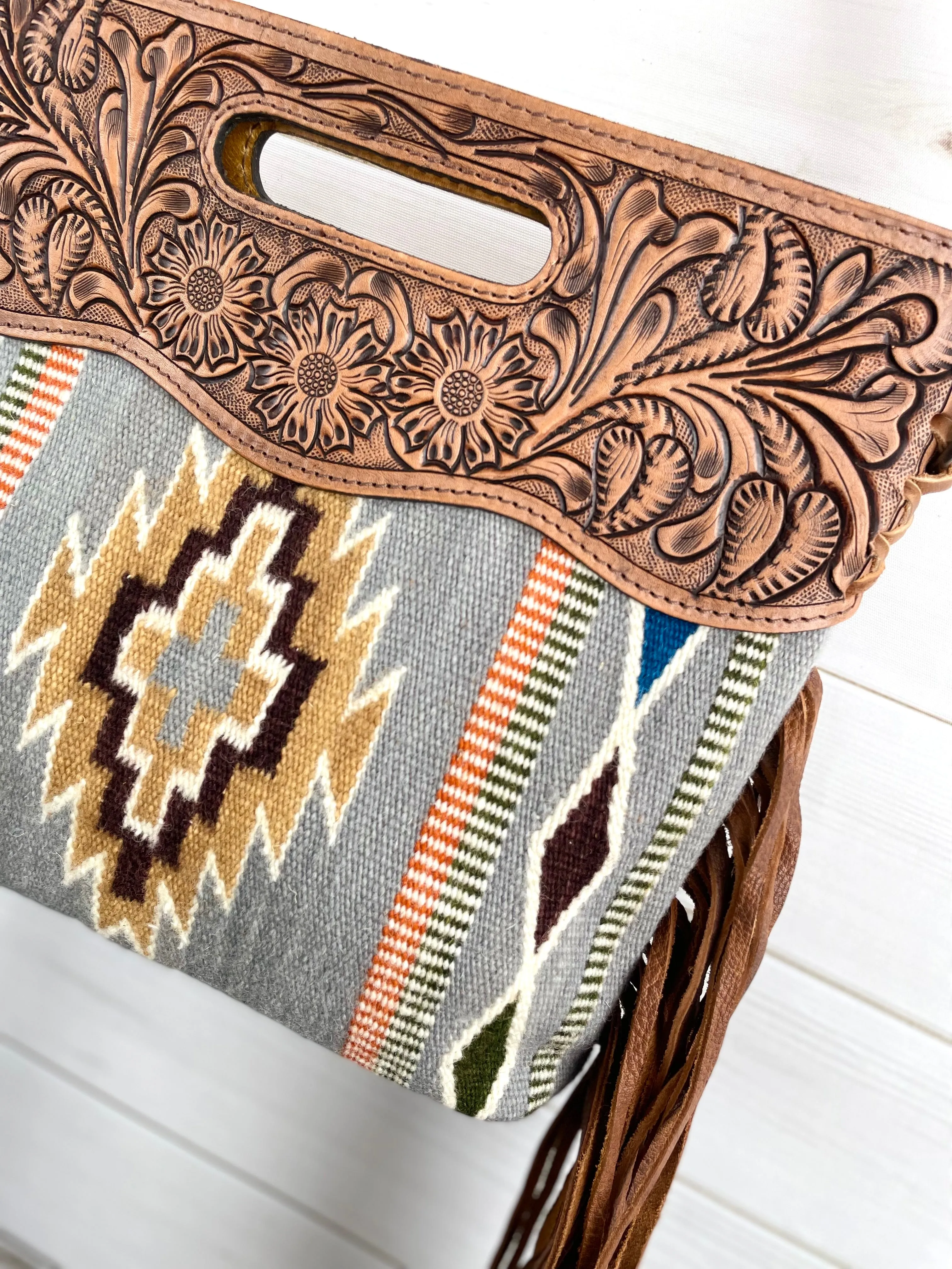 Grey and Tan Wool Leather Handle Fringe Bag
