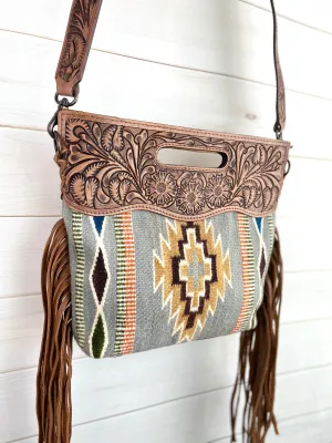 Grey and Tan Wool Leather Handle Fringe Bag