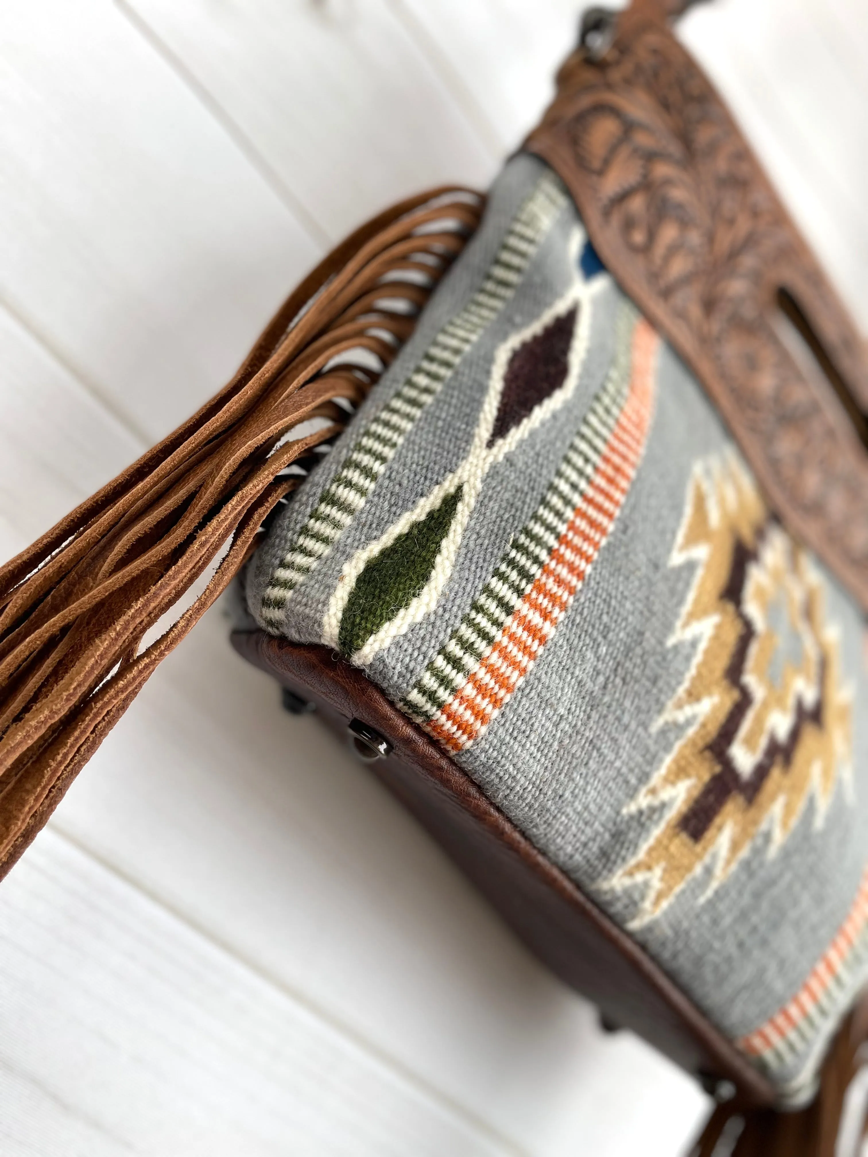 Grey and Tan Wool Leather Handle Fringe Bag