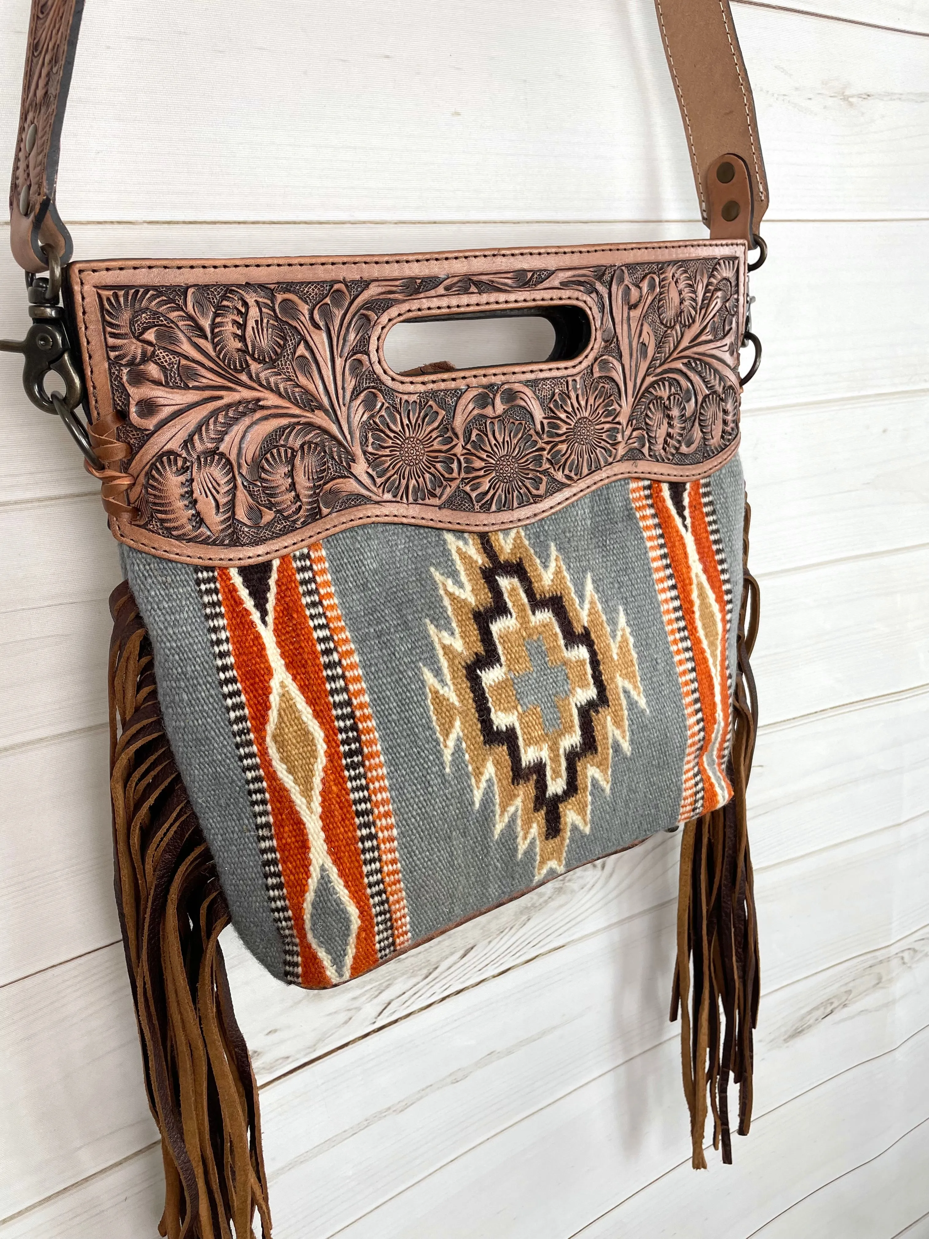 Grey and Tan Wool Leather Handle Fringe Bag