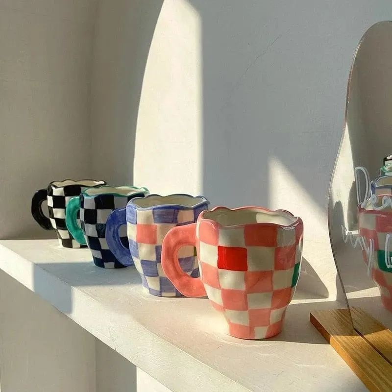 Handmade Irregular Checker Ceramic Coffee Mug
