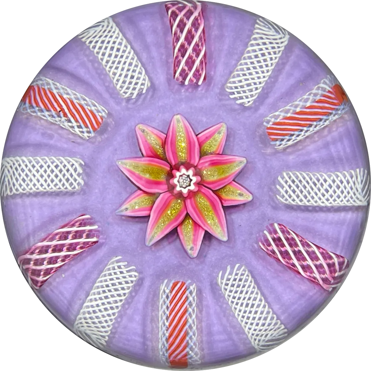 Harland Era Paul Ysart Attributed Flamework Pink & Aventurine Clematis on Lilac Ground with Filigree Radials