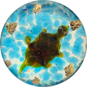 Harold Hacker Lampwork Turtle on Mottled Blue with Rocks