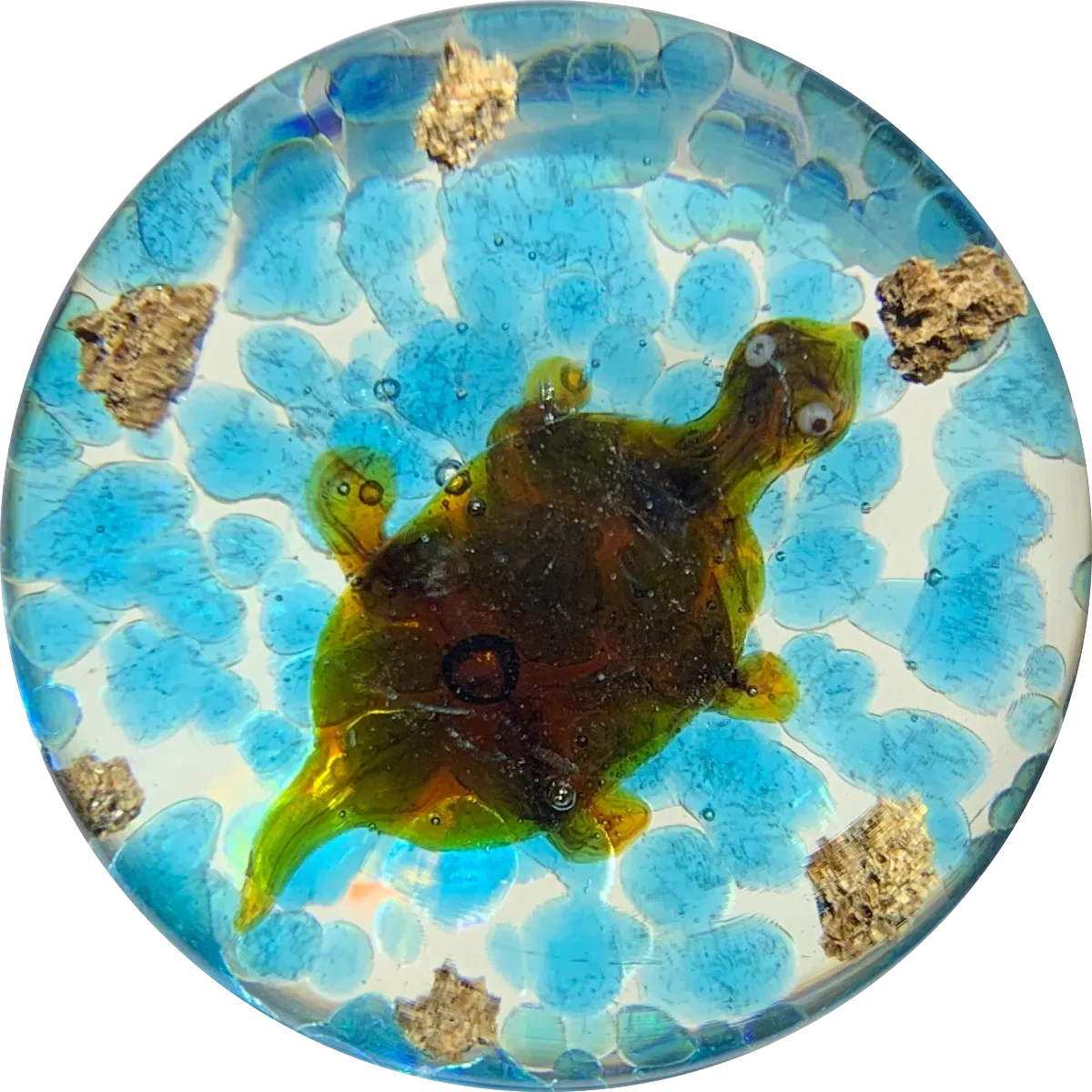 Harold Hacker Lampwork Turtle on Mottled Blue with Rocks