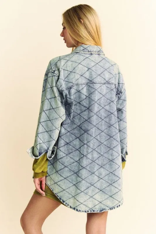 Hazel Blues® |  Davi & Dani Curved Hem Diamond Quilted Button Up Denim Shacket