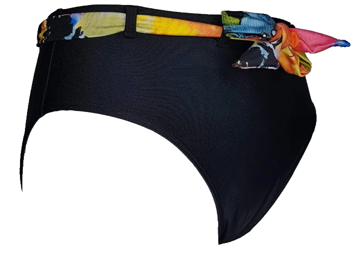 High waist black bikini bottom with floral color belt