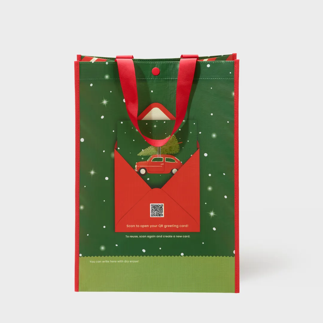 Holiday Red Car | Large | Reusable Gift Bag   QR Greeting Card