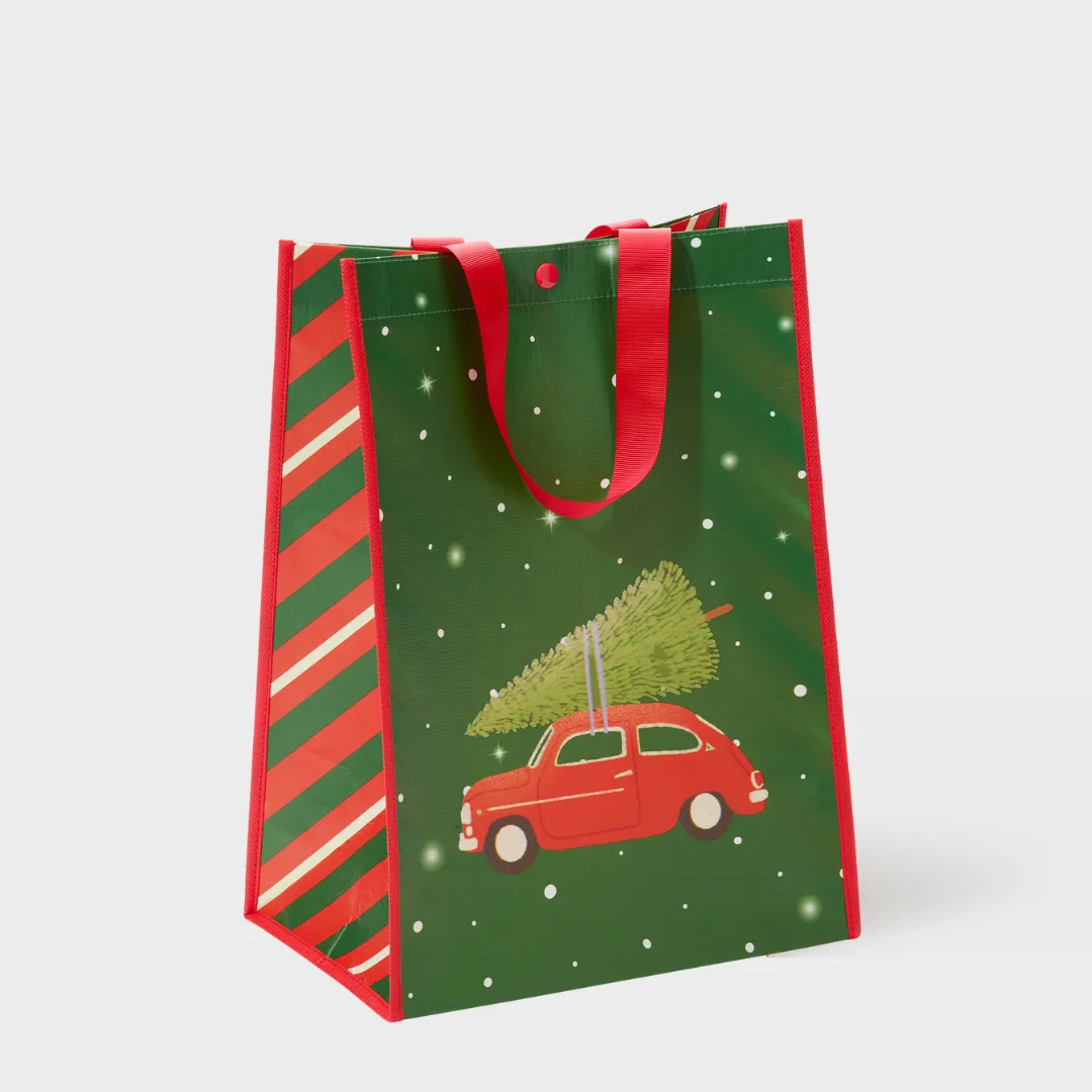 Holiday Red Car | Large | Reusable Gift Bag   QR Greeting Card