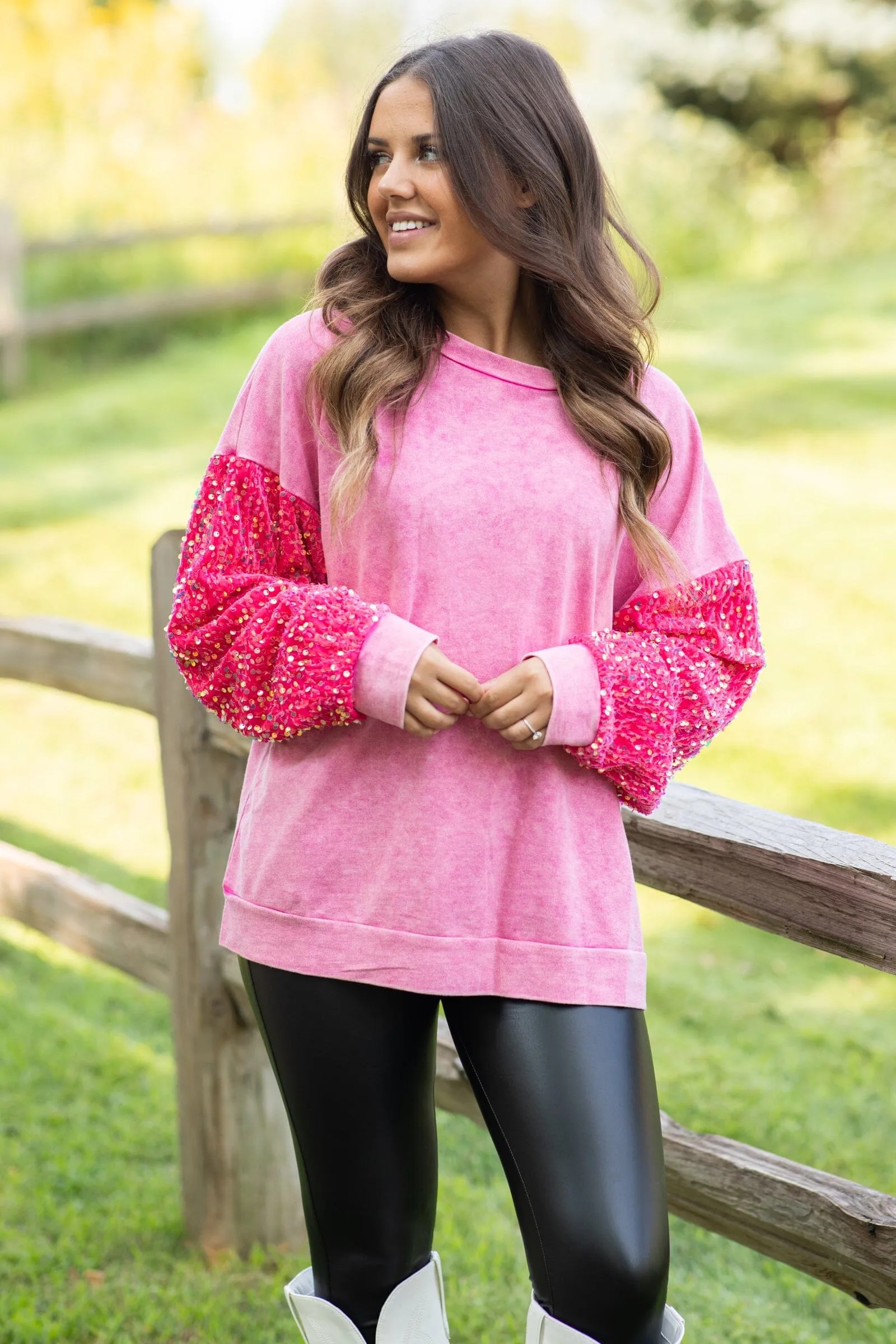 Hot Pink Washed Top With Velvet Sequin Sleeves