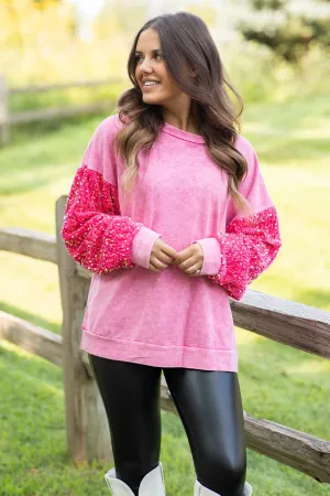 Hot Pink Washed Top With Velvet Sequin Sleeves