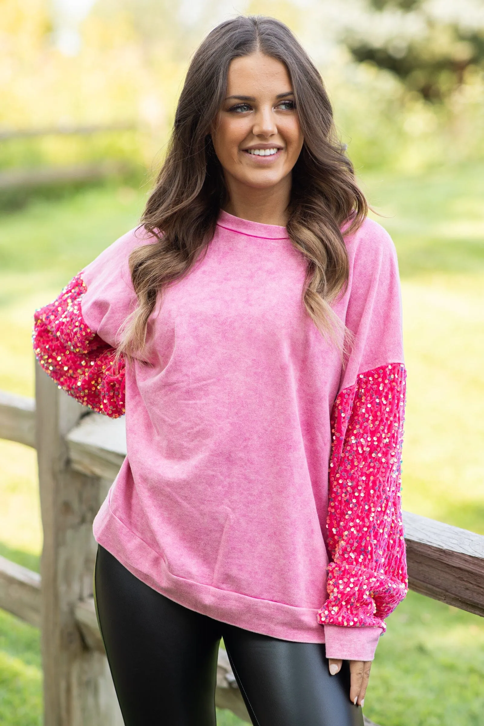 Hot Pink Washed Top With Velvet Sequin Sleeves