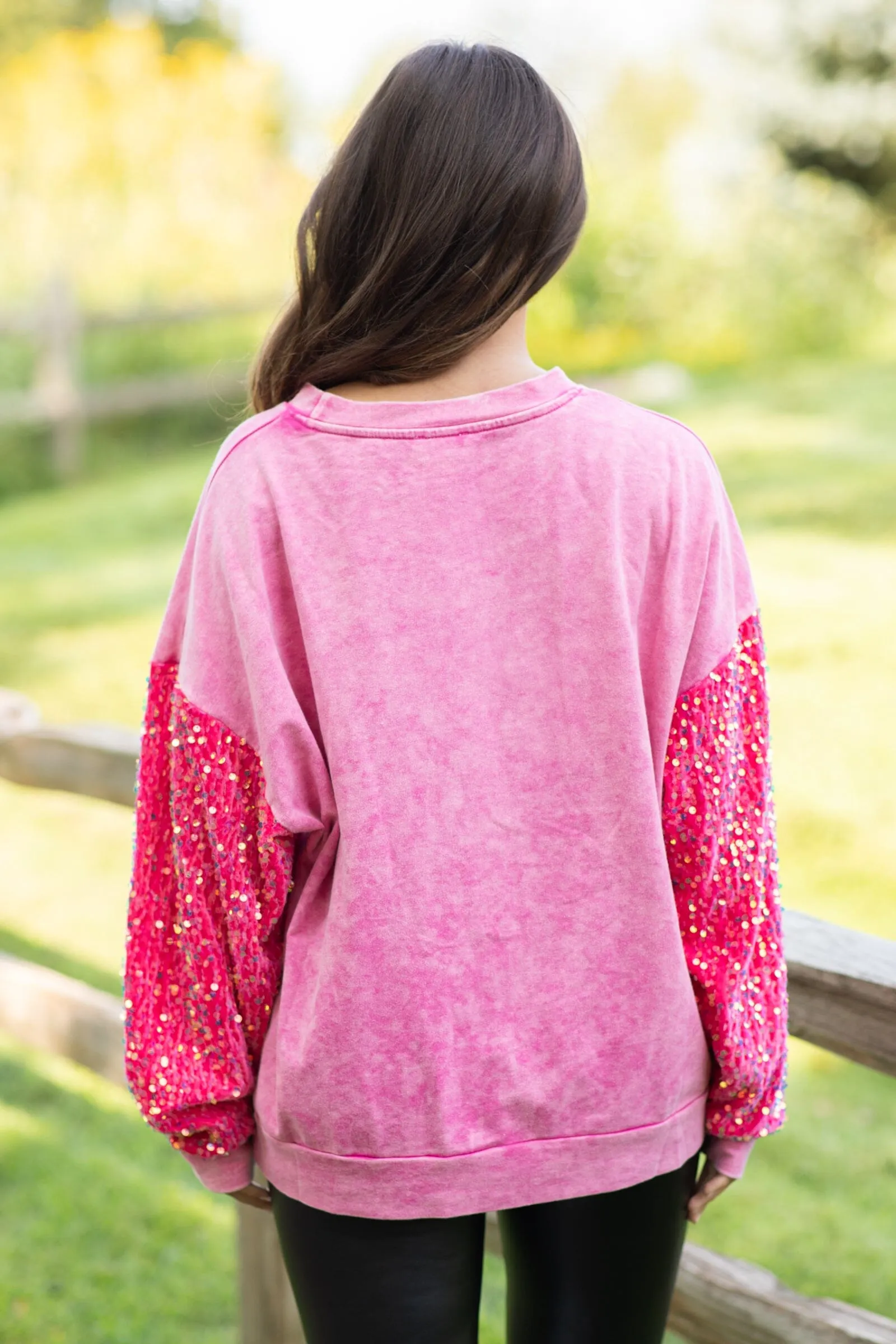 Hot Pink Washed Top With Velvet Sequin Sleeves