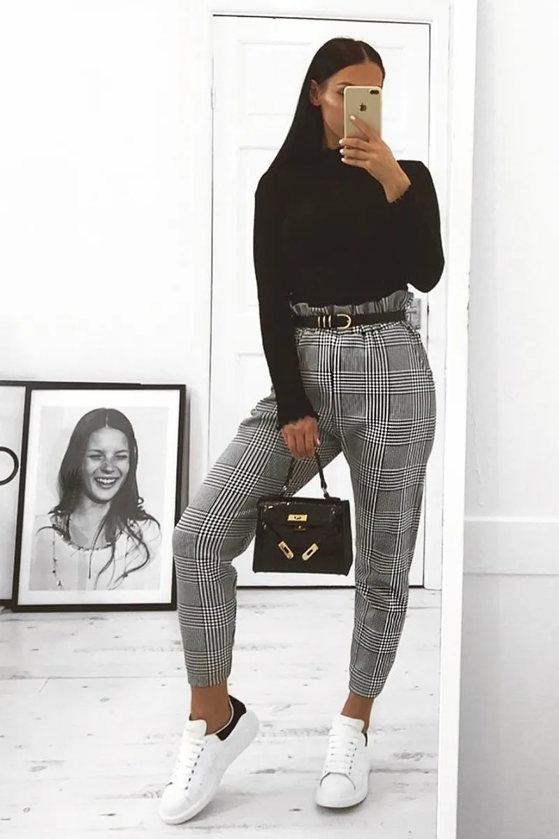 Hound-Tooth Paper Bag Tie Waist Cigarette Trousers - Karmen