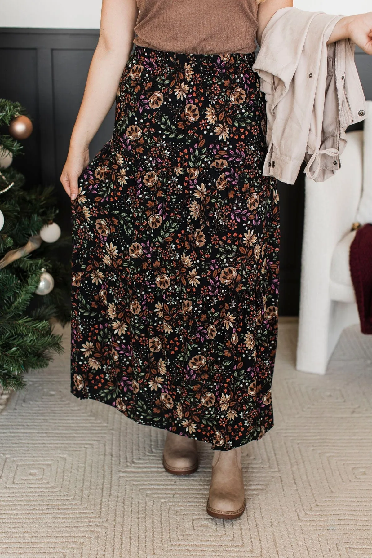 In This Moment Floral Maxi Skirt- Black