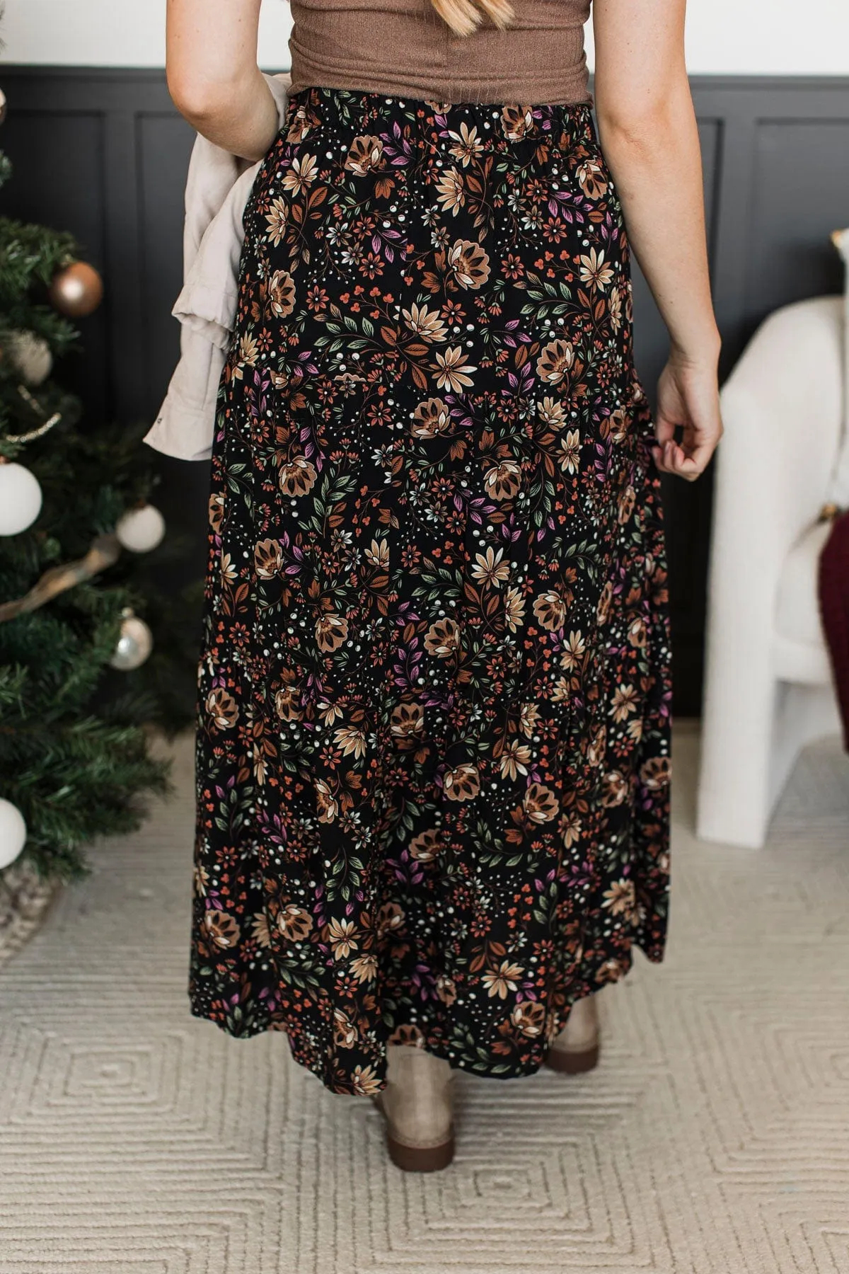 In This Moment Floral Maxi Skirt- Black