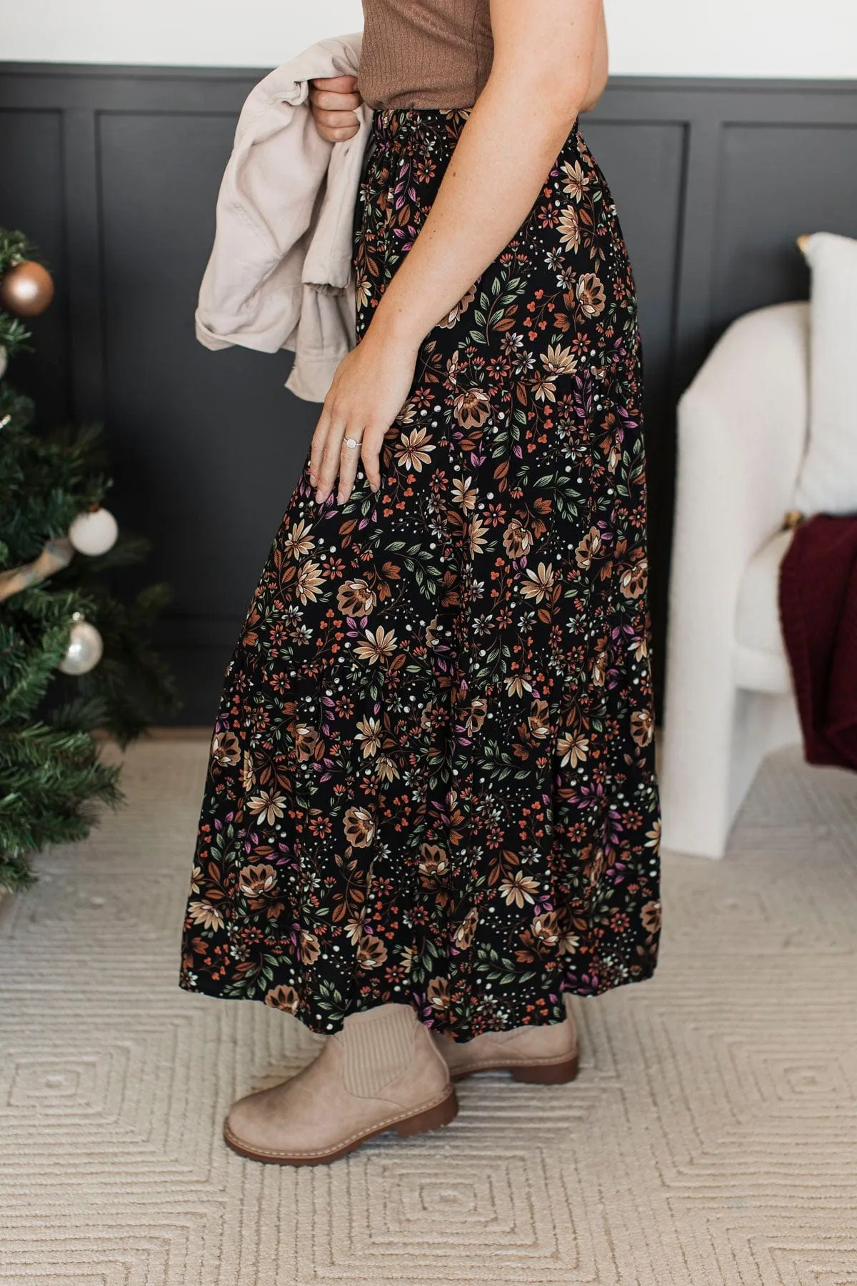 In This Moment Floral Maxi Skirt- Black