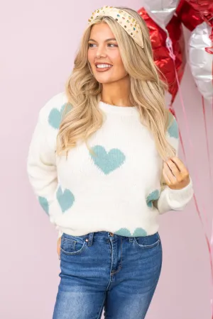 Ivory with Mint Heart Pattern Sweater