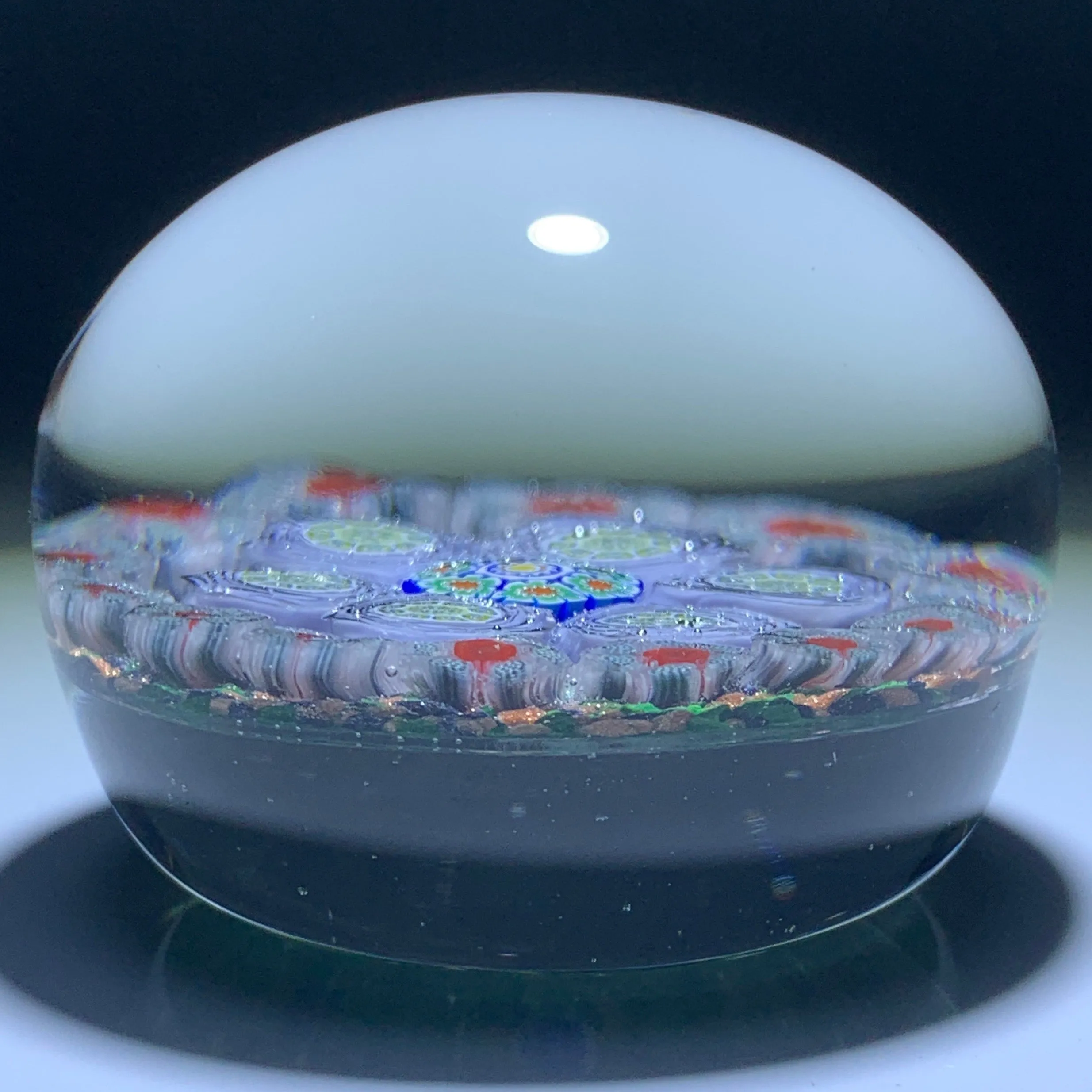 James Hart Complex Concentric Millefiori w/ Roses on Aventurine Ground Glass Art Paperweight