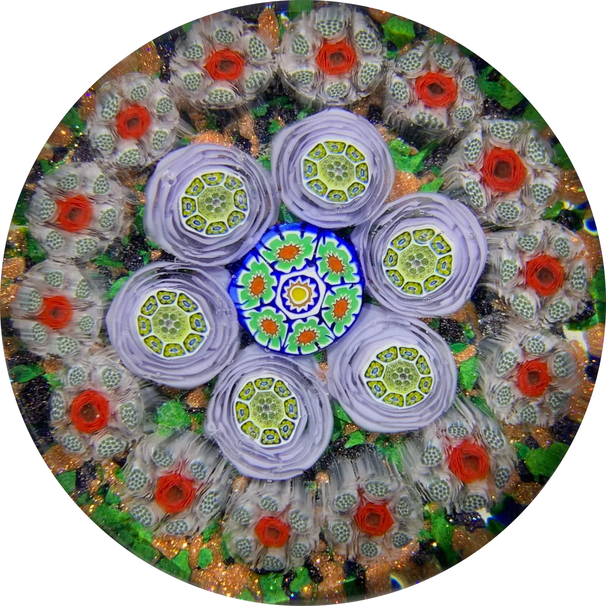 James Hart Complex Concentric Millefiori w/ Roses on Aventurine Ground Glass Art Paperweight