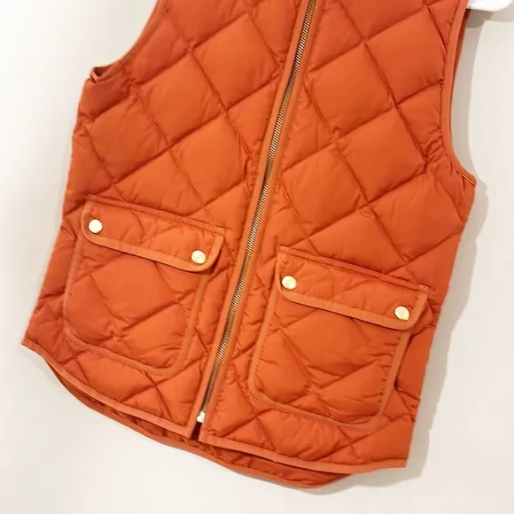 J.Crew Rust Orange Quilted Down filled vest zip pockets women size XS