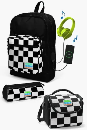 Kids Black Checker Patterned USB 3-Piece School Bag Set SET0123814