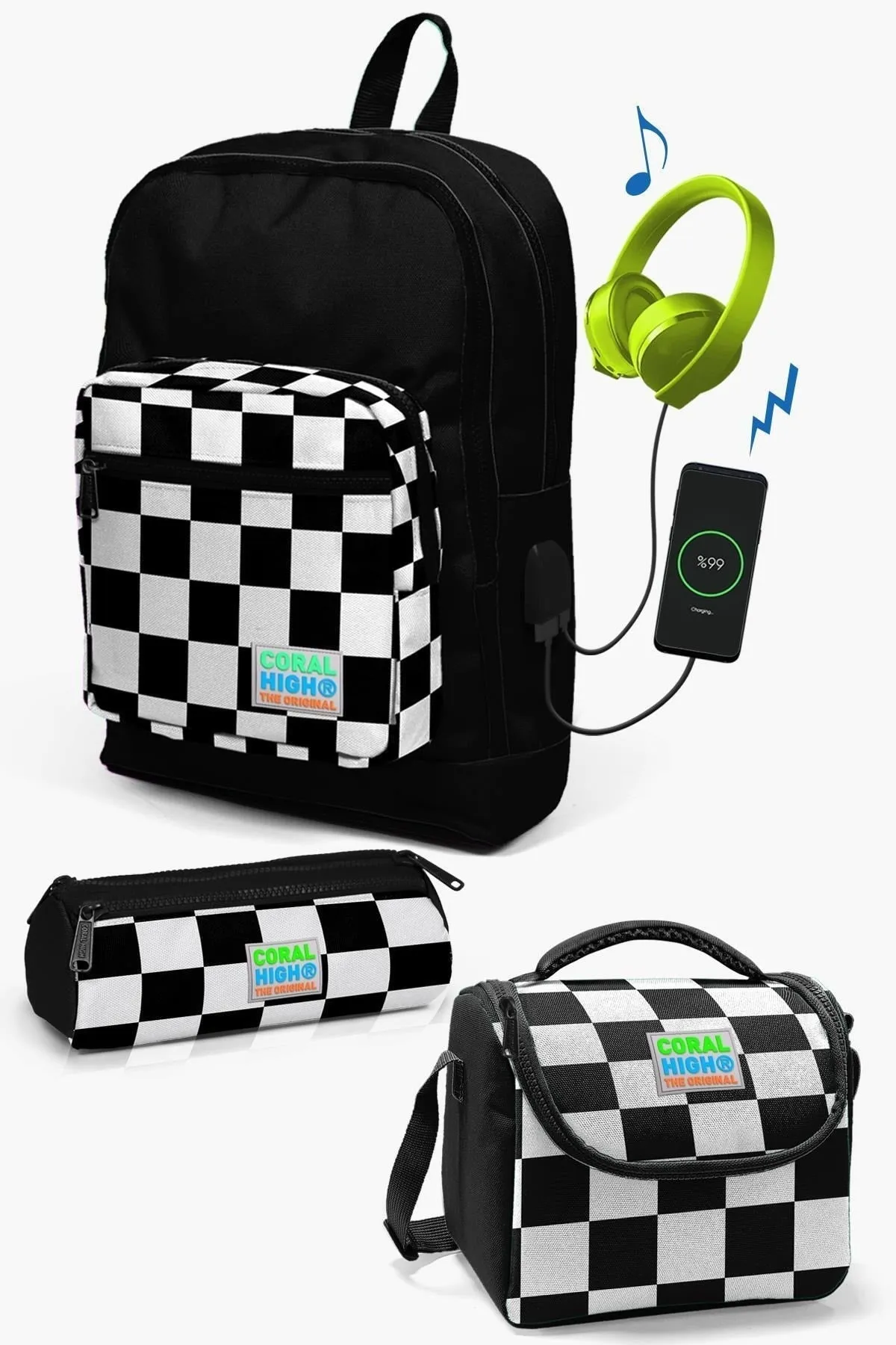 Kids Black Checker Patterned USB 3-Piece School Bag Set SET0123814
