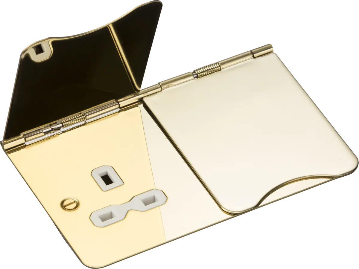 Knightsbridge FPR9UPBW Flat Plate 13A 2G Unswitched Floor Socket - Polished Brass   White Insert
