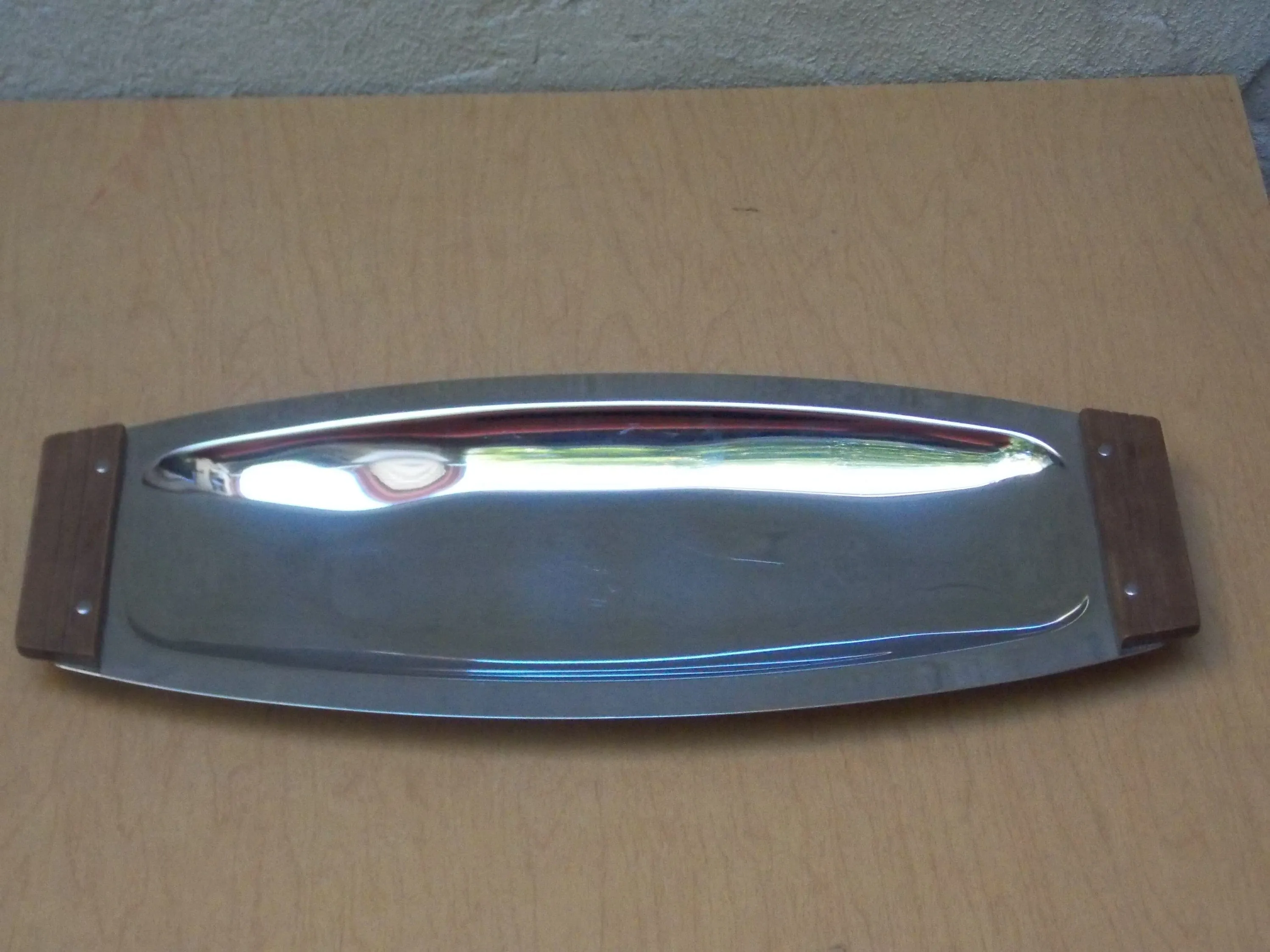 Kromex Danish Modern Stainless Steel Serving Plate with Wood Handles